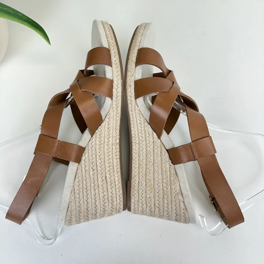 Cole Haan Crystal Wedge Sandal Tan Faux Leather Strappy‎ Espadrille Shoe Size 9B